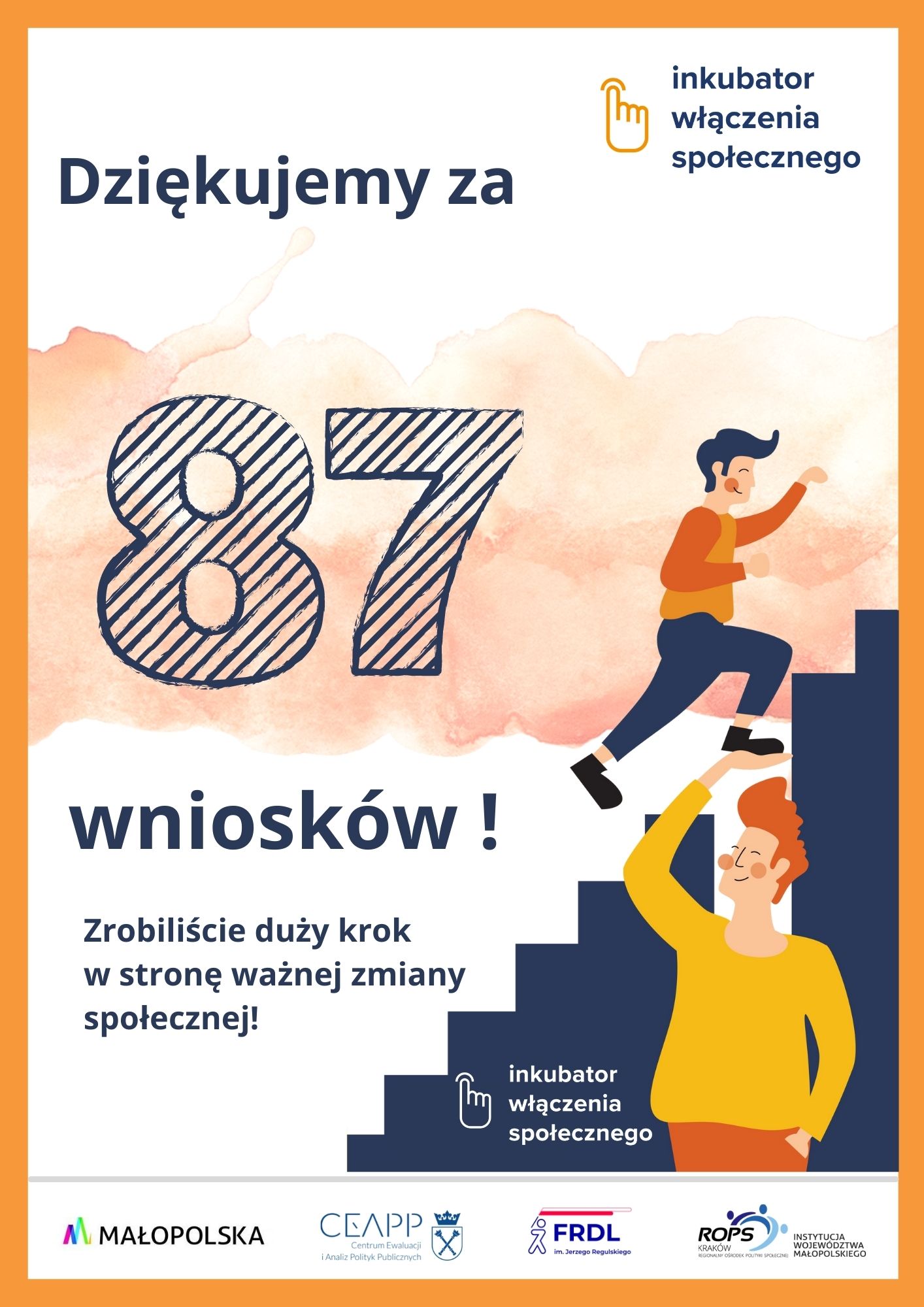 Chłopiec wychodzi po schodach. Druga osoba, która pomaga mu pokonać brak stopnia. Informacja, że wypłynęło 87 wniosków na innowacje.