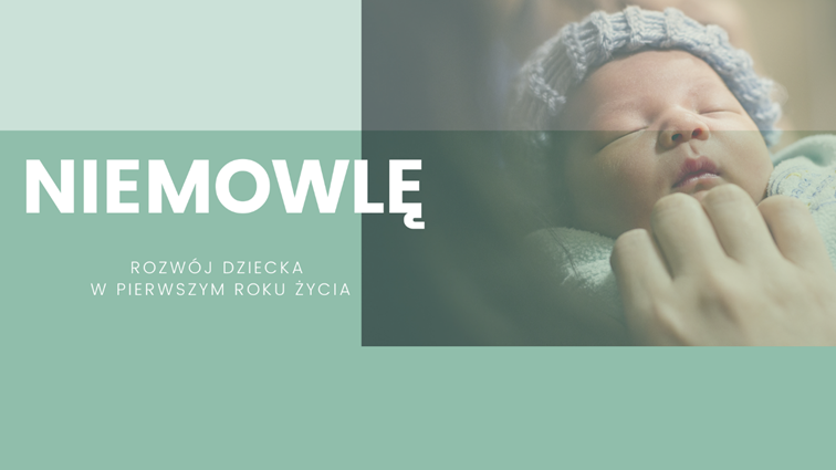 śpiące niemowlę i napis - Niemowlę. Rozwój dziecka w pierwszym roku życia.